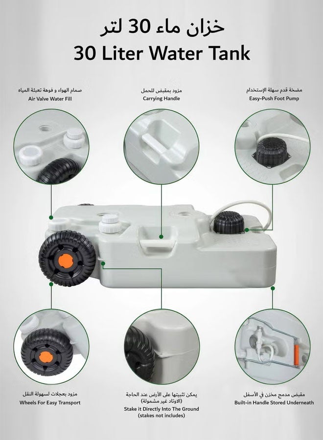 كادي ون حوض غسيل يدوي للرحلات والتخييم قابل للطي محمول للاستخدام الخارجي مزود بمضخة قدم وخزان مياه سعة 30 لتر وعجلات وموزع صابون وصنبور وحامل منشفة - Image 5