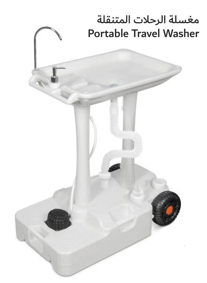 كادي ون حوض غسيل يدوي للرحلات والتخييم قابل للطي محمول للاستخدام الخارجي مزود بمضخة قدم وخزان مياه سعة 30 لتر وعجلات وموزع صابون وصنبور وحامل منشفة - Image 1
