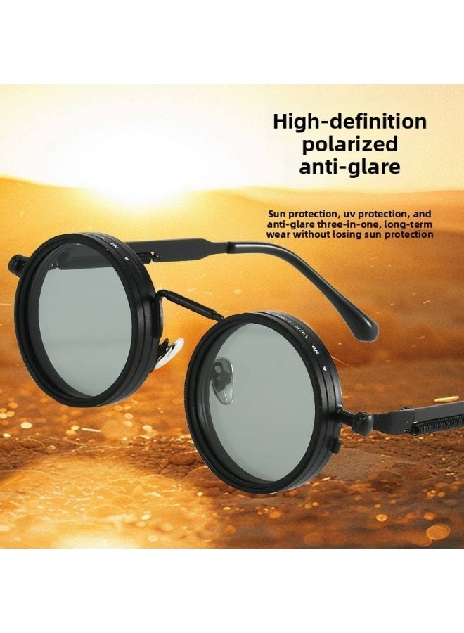 Adjustable Tint Polarized Round Sunglasses 1-9 Gears Variable ND Filter Lenses For Driving & Outdoor Sports Silver Black - Image 2