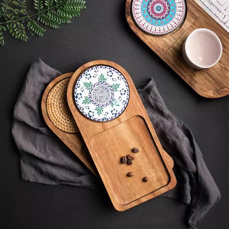Cross-border Japanese-style Solid Wood Tray Ceramic Pad Cup Plate Vintage Bread Dim Sum Dessert Breakfast Plate(F) - Image 3