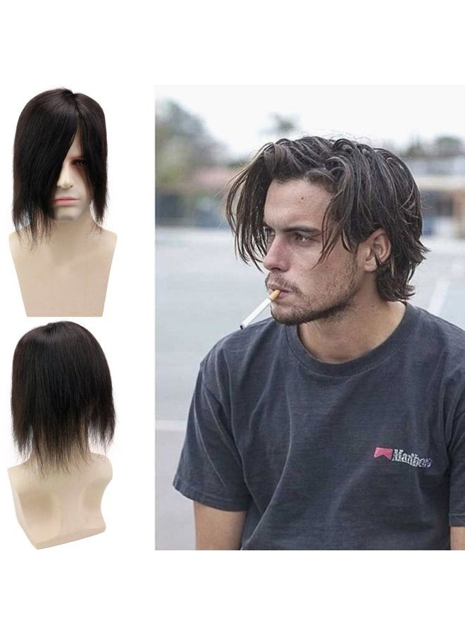 Voloria European Virgin Human Hair Toupee for Men Hairpiece Swiss Mono Lace with PU Around Medium Density Natural Black Color 6"x8" - Image 1