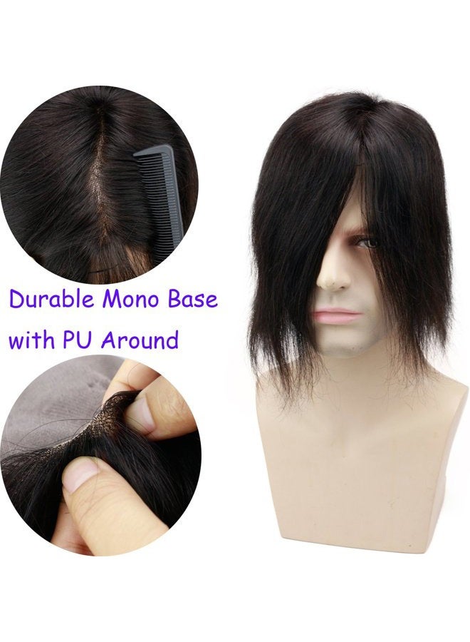 Voloria European Virgin Human Hair Toupee for Men Hairpiece Swiss Mono Lace with PU Around Medium Density Natural Black Color 6"x8" - Image 2
