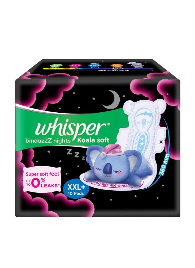 Whisper Bindazzz Nights Koala Soft Sanitary Pads, 10 Xxl+ Pads, Upto 0% Leaks, 60% Longer & Wider Back, Super Soft Topsheet, Double Hug Wings, Disposable Wrapper, For Women  - Image 1