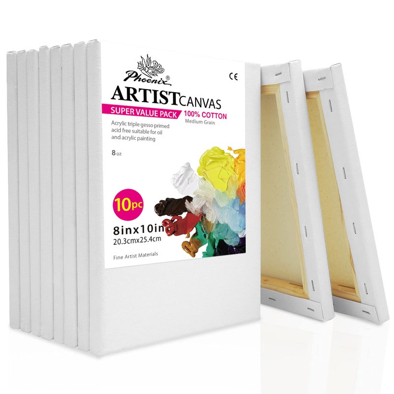 PHOENIX Stretched Canvas for Painting 8x10 Inch/10 Value Pack, 8 Oz Triple Primed 5/8 Inch Profile 100% Cotton White Blank Canvas, Artist Framed Canvas for Oil Acrylic & Pouring Art - Image 1