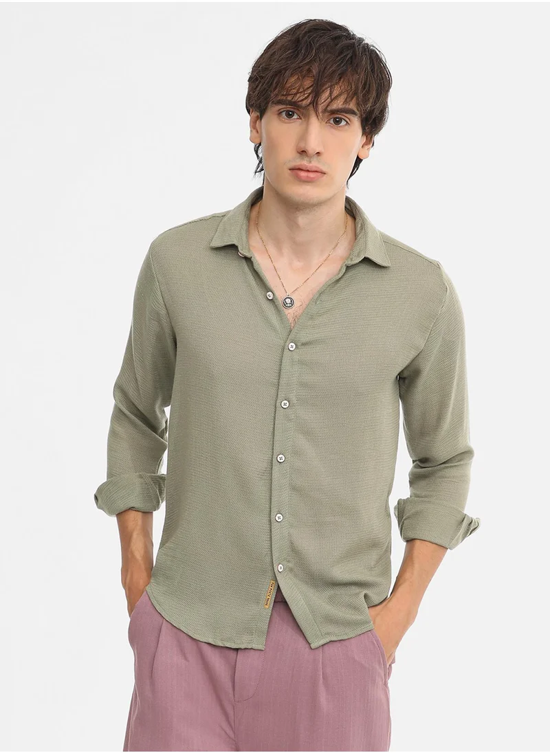 كامبوس سوترا Men's Sage Green Woven-Textured Shirt