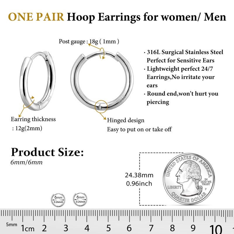 Gokeey One Pair 316L Stainless Steel Small Hoop Earrings for Women, Cute Huggie Earrings for Women, Hypoallergenic Cartilage Earrings Hoop Silver Hoop Earrings for Multiple Piercing Jewelry Gift 6mm - Image 4