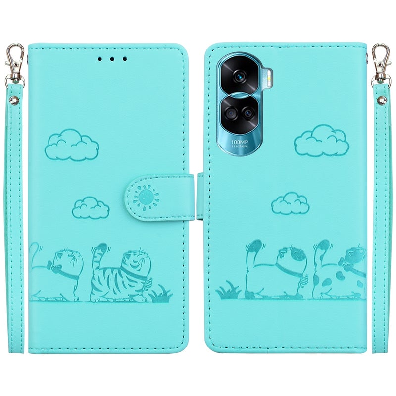HuHa Case Cover For Honor 90 Lite Cute Cats RFID Leather Phone Case(Green) - Image 1