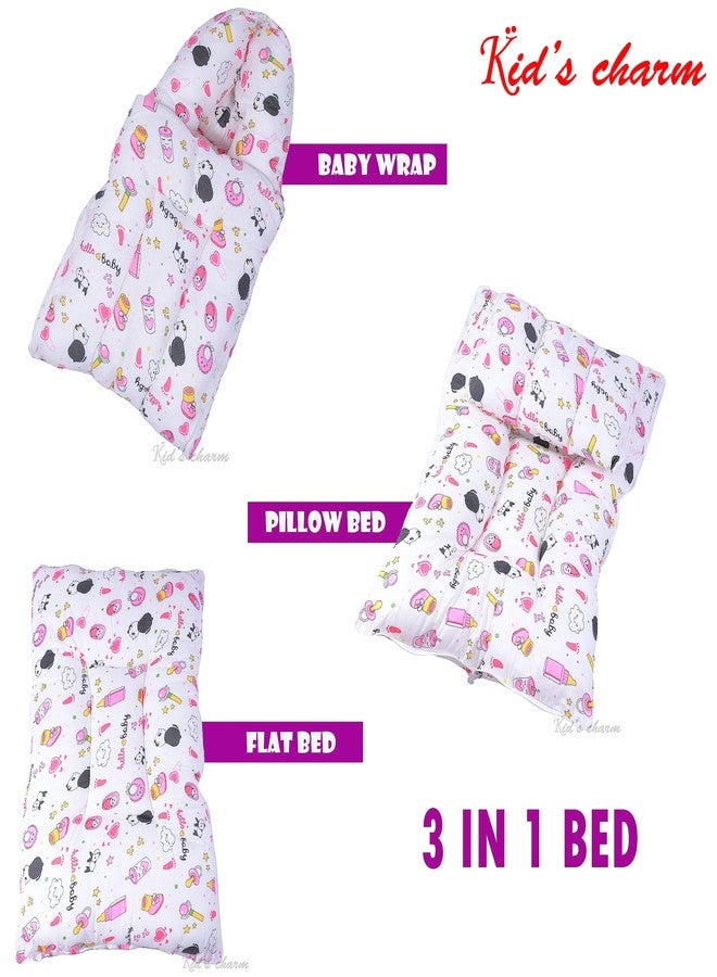 Kid's Charm Panda 2 PCS Combo Set |3 in 1 Baby's Cotton Cum Carry Bed|2 in 1 Baby's Cotton Bed with Mosquito Net for 4-8 Months (Pink) - Image 2
