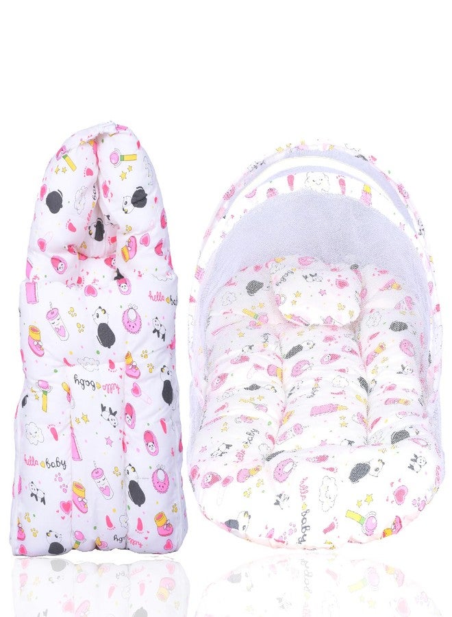 Kid's Charm Panda 2 PCS Combo Set |3 in 1 Baby's Cotton Cum Carry Bed|2 in 1 Baby's Cotton Bed with Mosquito Net for 4-8 Months (Pink) - Image 1