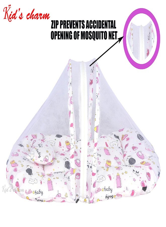 Kid's Charm Panda 2 PCS Combo Set |3 in 1 Baby's Cotton Cum Carry Bed|2 in 1 Baby's Cotton Bed with Mosquito Net for 4-8 Months (Pink) - Image 5