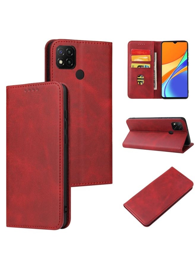 HuHa Case Cover For Xiaomi Redmi 9C Calf Texture Magnetic Horizontal Flip Leather Case with Holder & Card Slots & Wallet Red 