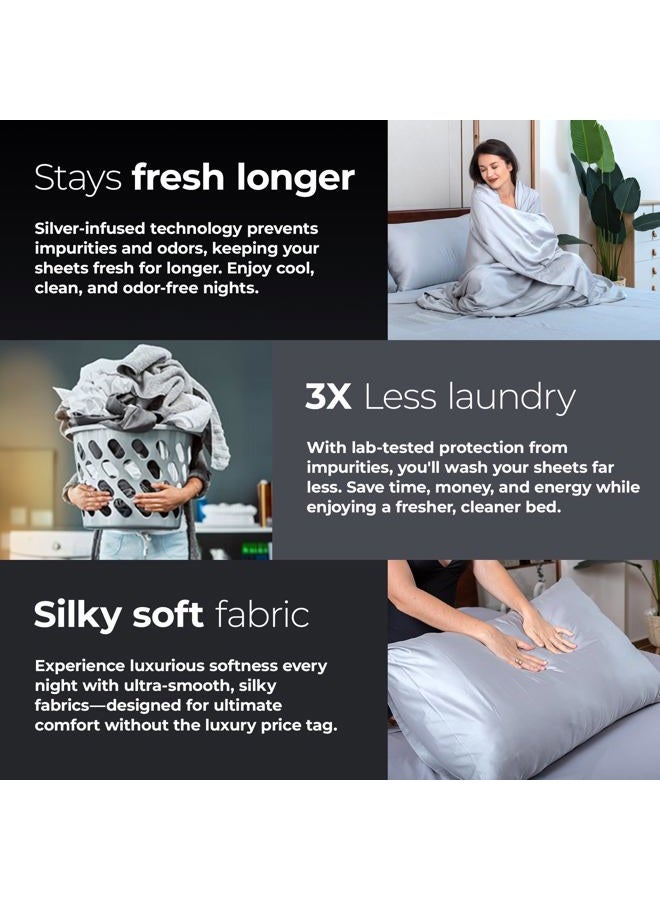 Silvery Silver Infused Bed Sheets Set - Award-Winning Self-Cooling Fabric with Self-Cleaning Silvery Technology™ for Hygienic Sleep - Luxurious Silky Soft Comfort (Gray, Split King) - Image 5