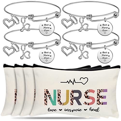 Highergo 8 Pcs Christmas Nurse Appreciation Gifts for Women 4 Nurse Makeup Cosmetic Bag Bulk with 4 Bracelets for Thank You Survival Kit Zipper Pouch Practitionor Day Birthday Travel Supplies - Image 1