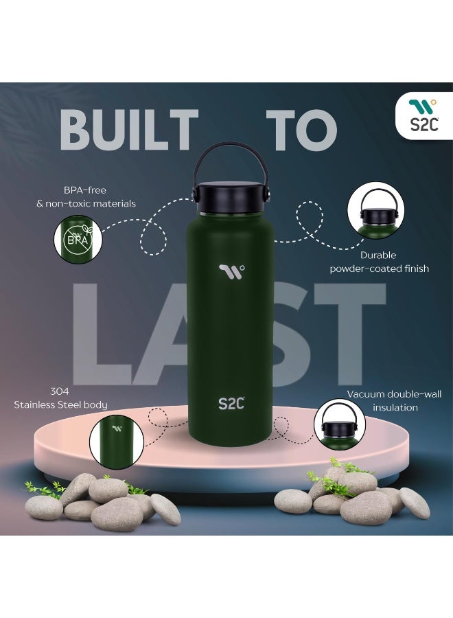 S2C 1200ml Stainless Steel Insulated Water Bottle - Keeps Drinks Cold 24H & Hot 12H, Leakproof, 3 Lids for Camping & Outdoor Adventures - Image 2