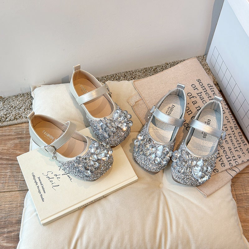 Children''s Rhinestone Princess Shoes Spring Girls'' Bowknot Non-Slip Fashionable Leather Shoes Stylish Baby Flats - Image 2