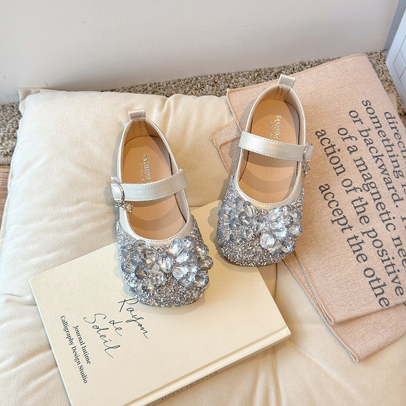 Children''s Rhinestone Princess Shoes Spring Girls'' Bowknot Non-Slip Fashionable Leather Shoes Stylish Baby Flats - Image 4