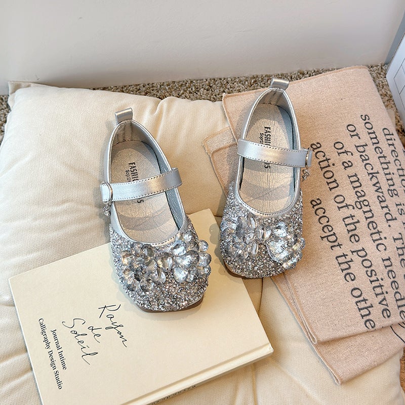 Children''s Rhinestone Princess Shoes Spring Girls'' Bowknot Non-Slip Fashionable Leather Shoes Stylish Baby Flats - Image 3