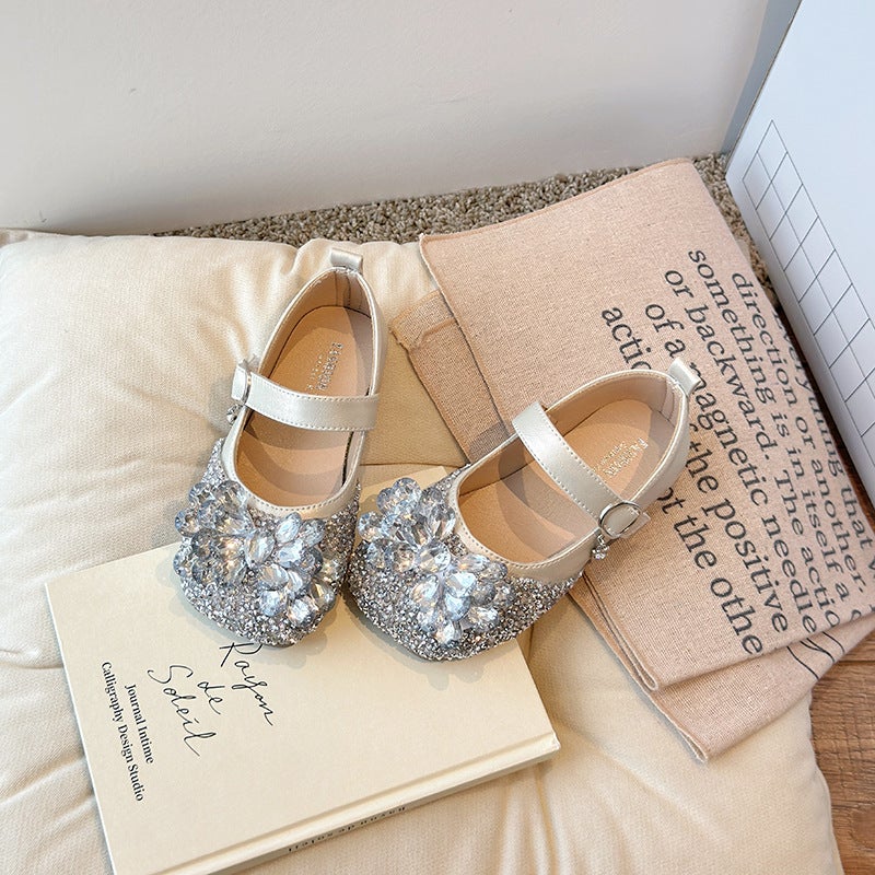 Children''s Rhinestone Princess Shoes Spring Girls'' Bowknot Non-Slip Fashionable Leather Shoes Stylish Baby Flats - Image 1