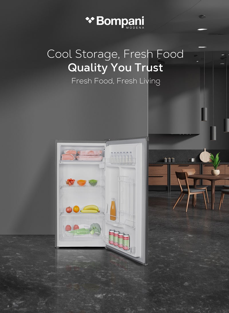 Bompani 140L Gross / 92L Net Capacity Single Door Refrigerator, Manual Defrost, R600a Refrigerant, Glass Shelves, Crisper Drawer, Interior Lamp, Recessed Handle, Energy Efficient 140 L BR146SLVR Silver - Image 4