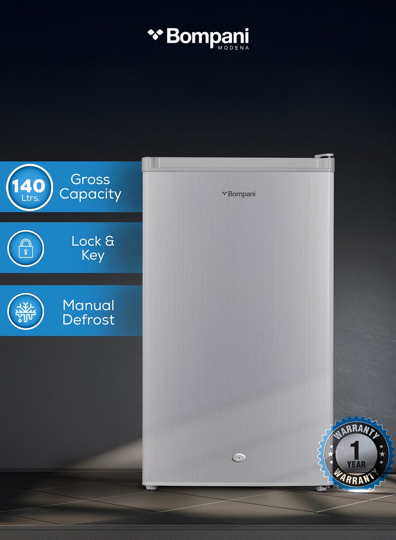 Bompani 140L Gross / 92L Net Capacity Single Door Refrigerator, Manual Defrost, R600a Refrigerant, Glass Shelves, Crisper Drawer, Interior Lamp, Recessed Handle, Energy Efficient 140 L BR146SLVR Silver - Image 1