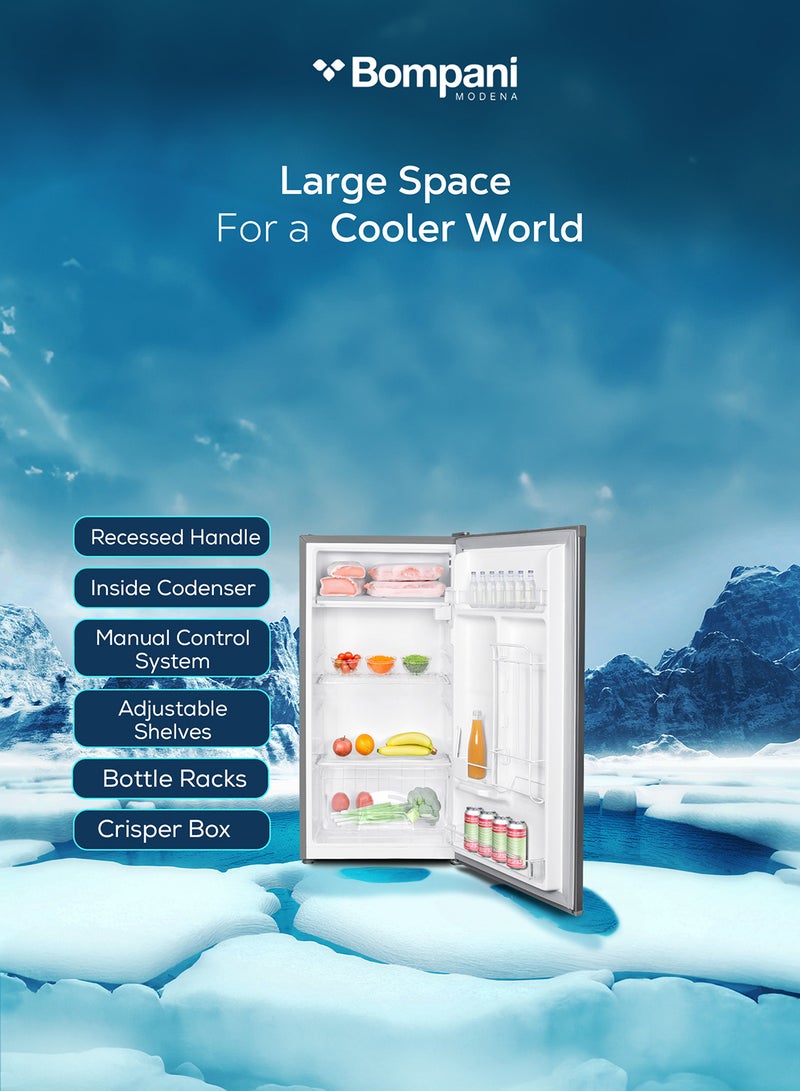 Bompani 140L Gross / 92L Net Capacity Single Door Refrigerator, Manual Defrost, R600a Refrigerant, Glass Shelves, Crisper Drawer, Interior Lamp, Recessed Handle, Energy Efficient 140 L BR146SLVR Silver - Image 5