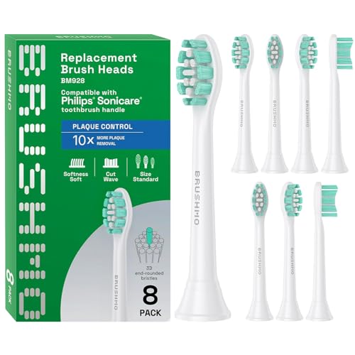 Brushmo Plaque Control Replacement Toothbrush Heads Compatible with Philips Sonicare Clickon Electric Toothbrush Handles 8 Standard Replacement Heads Soft Dupont Bristles BM928 White