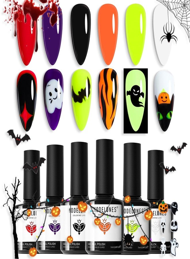 modelones Gel Nail Polish Set 6 Colors 2025 Halloween Hocus Pocus Collection Glow in the Dark Neon Green Orange Purple Red Black Gel Polish Set Fall Soak Off LED Nail Art Kit Gift with Nail Stikers - Image 1