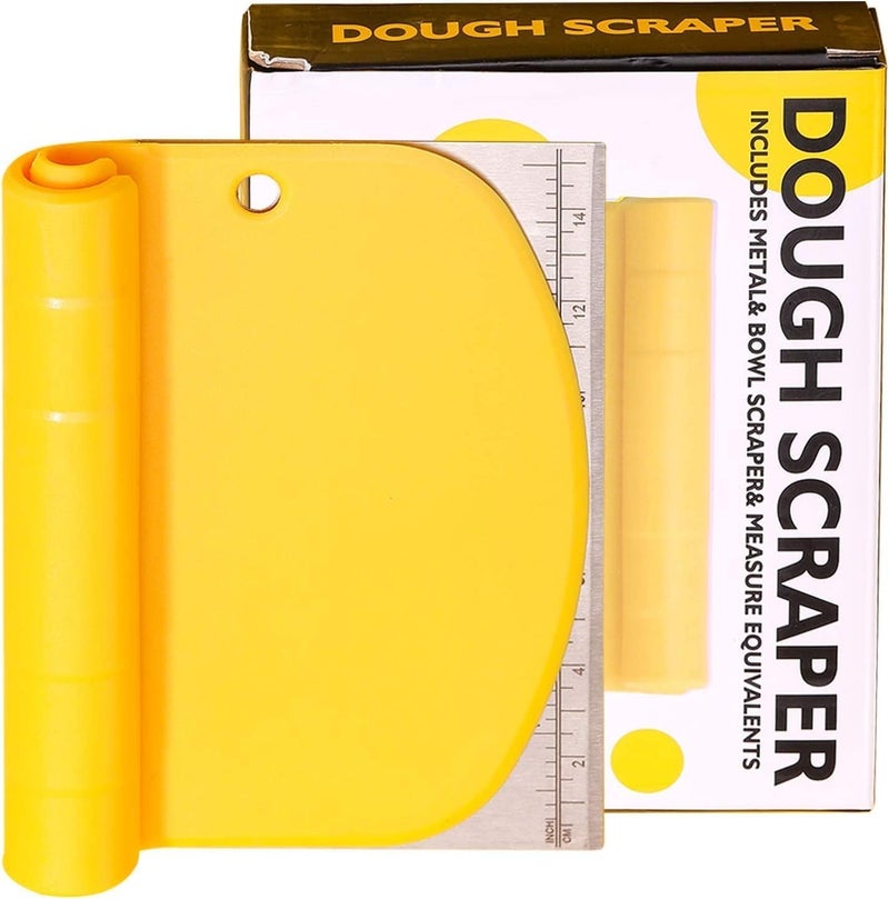 KESESU 2 in1 Dough scraperCutterChopper Stainless Steel Bench Scraper Pastry Pizza Cutter Baking Tools with MeasurementKitchen Scraper Yellow Pack of 1