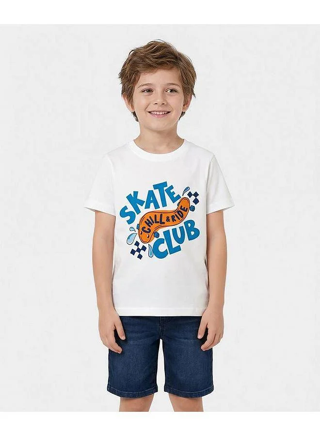 Pine Kids Pine Kids Cotton Knit Half Sleeves T-Shirt With Skating Print - White