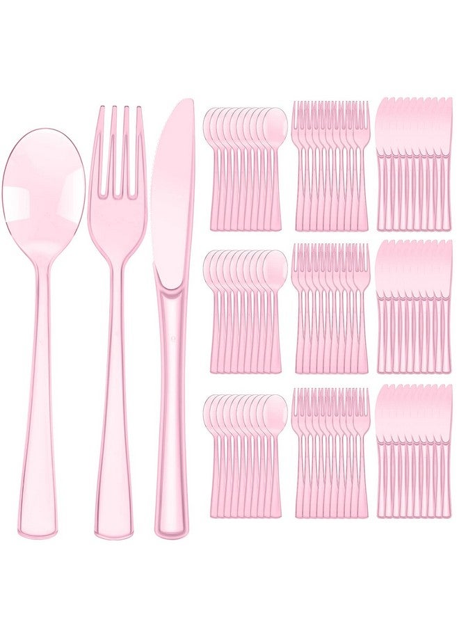 ميناتي مجموعة أدوات مائدة بلاستيكية للاستخدام مرة واحدة، مكونة من 150 قطعة، 50 شوكة و50 سكينة و50 ملعقة، مناسبة للمنزل والمكتب والمدرسة والحفلات والنزهات والمطاعم والمناسبات الخارجية أو للاستخدام اليومي (لون وردي) - Image 1