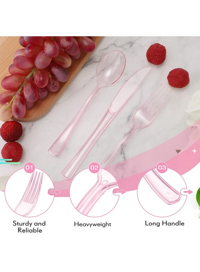 ميناتي مجموعة أدوات مائدة بلاستيكية للاستخدام مرة واحدة، مكونة من 150 قطعة، 50 شوكة و50 سكينة و50 ملعقة، مناسبة للمنزل والمكتب والمدرسة والحفلات والنزهات والمطاعم والمناسبات الخارجية أو للاستخدام اليومي (لون وردي) - Image 3