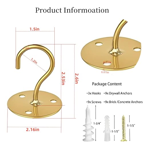 LangPu Ceiling Hooks for Hanging Plants-Metal Heavy Duty Wall Mounted Hangers for Hanging Bird Feeders, Planters, Wind Chimes, Include Professional Drywall Anchors (3-Pack) (Gold) - Image 3