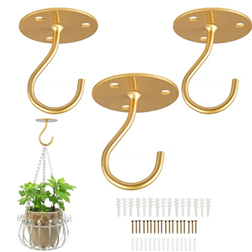 LangPu Ceiling Hooks for Hanging Plants-Metal Heavy Duty Wall Mounted Hangers for Hanging Bird Feeders, Planters, Wind Chimes, Include Professional Drywall Anchors (3-Pack) (Gold) - Image 1