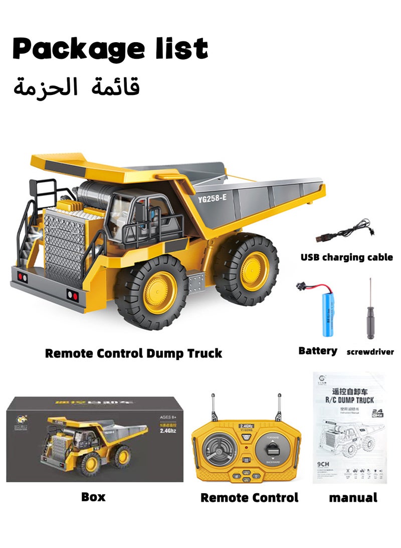Remote Control Dump Truck, Remote Control Construction Toys Vehicle with Metal Bed and Light Music, 2.4Ghz 9 Channel RC Dump Truck Toy for Kids Age 6 to 12 Year Old Boys Girls Birthday Giftp Truck  - Image 5