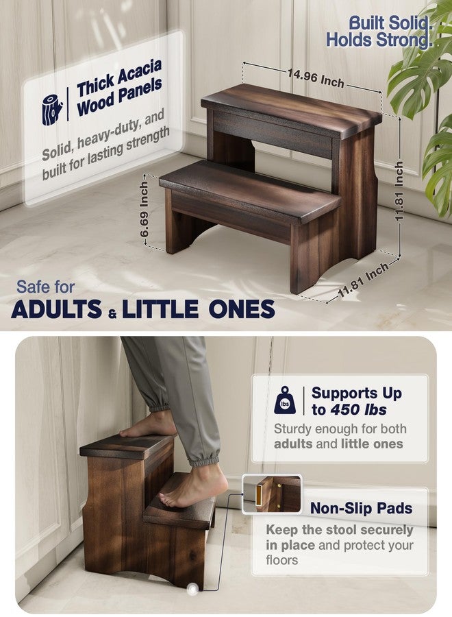 FANATU Wooden Two Step Stool, Heavy Duty 2-Step Ladder for Adults & Kids, Supports up to 450lbs for Kitchen, Bathroom or Bedside Use (Walnut Finish) - Image 3