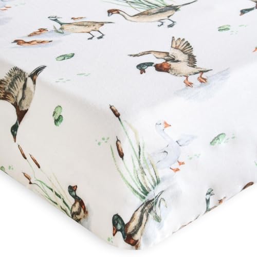 LifeTree Mallard Duck Crib Sheets for Baby Boys Girls - Muslin Fitted Crib Sheets Toddler Bed Sheet Fits Standard Crib, 70% Viscose from Bamboo and 30% Cotton, 28in x 52in - Image 1