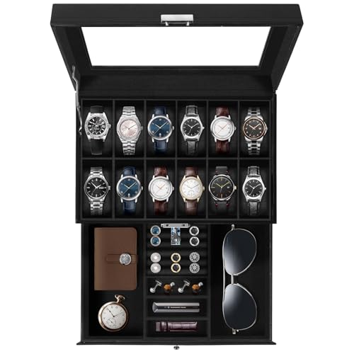 Uten 12-Slot Watch Box, 2-Layers PU Leather Watch Case with Glass Lid, Watch Holder Organizer with Soft Pillow and Velvet Lining, Watch and Jewelry Storage Box, Black - Image 1