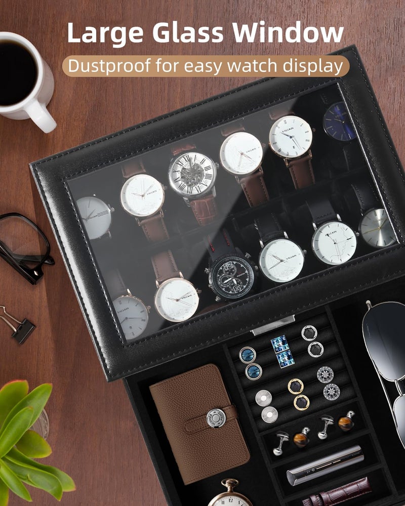 Uten 12-Slot Watch Box, 2-Layers PU Leather Watch Case with Glass Lid, Watch Holder Organizer with Soft Pillow and Velvet Lining, Watch and Jewelry Storage Box, Black - Image 4