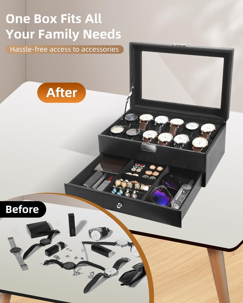 Uten 12-Slot Watch Box, 2-Layers PU Leather Watch Case with Glass Lid, Watch Holder Organizer with Soft Pillow and Velvet Lining, Watch and Jewelry Storage Box, Black - Image 3