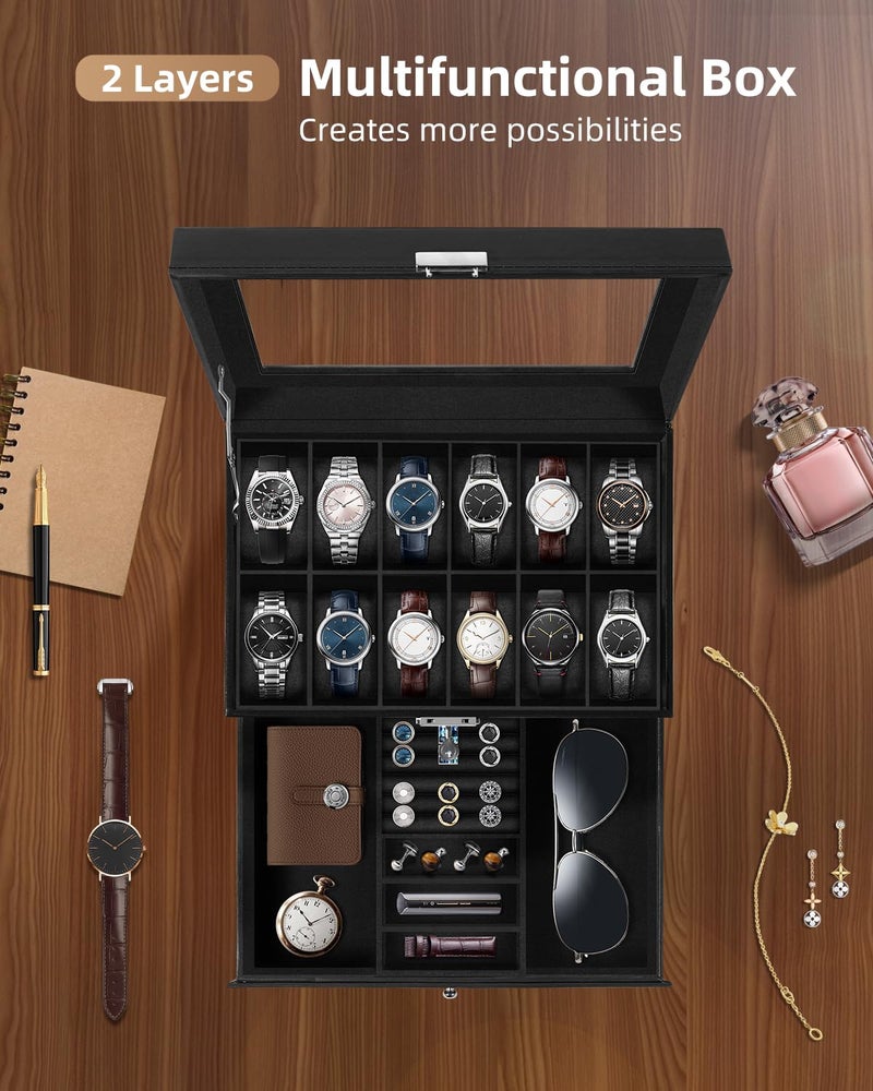 Uten 12-Slot Watch Box, 2-Layers PU Leather Watch Case with Glass Lid, Watch Holder Organizer with Soft Pillow and Velvet Lining, Watch and Jewelry Storage Box, Black - Image 2
