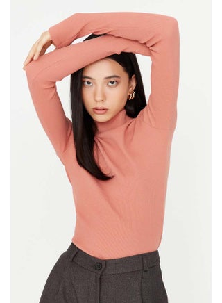 trendyol Dusty Rose Fitted High Collar Long Sleeve Ribbed Stretchy