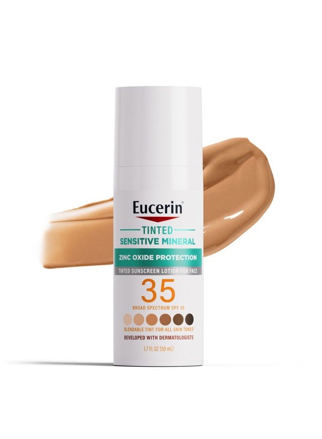Eucerin لوشن واقي من الشمس للوجه بحماية معدنية حساسة مع تلوين الشمس SPF 35، واقي شمس معدني غير مسد للمسام مع حماية لطيفة من أكسيد الزنك للبشرة الحساسة، زجاجة 1.7 أونصة سائلة - Image 1