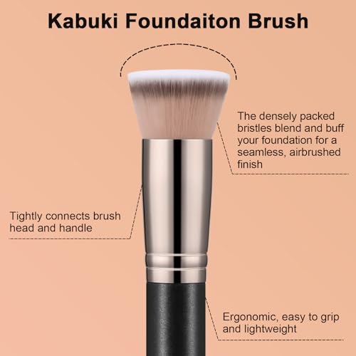 TEOYALL Kabuki Foundaiton Brush, Soft Dense Synthetic Bristles Flat Top Blending Buffing Brush For Liquid Cream Contour Bronzer Foundation - Image 3