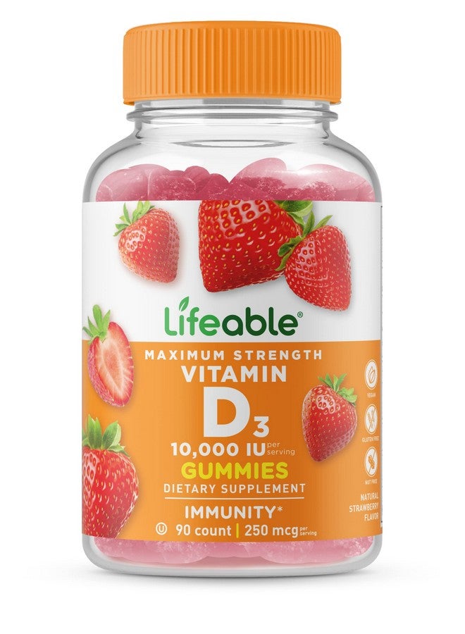 Lifeable Vitamin D3 10000 Iu Great Tasting Natural Flavor Gummy Supplement Gluten Free Vegetarian Gmo Free Chewable For Strong And Healthy Bones For Adults Men Women 90 Gummies - Image 1