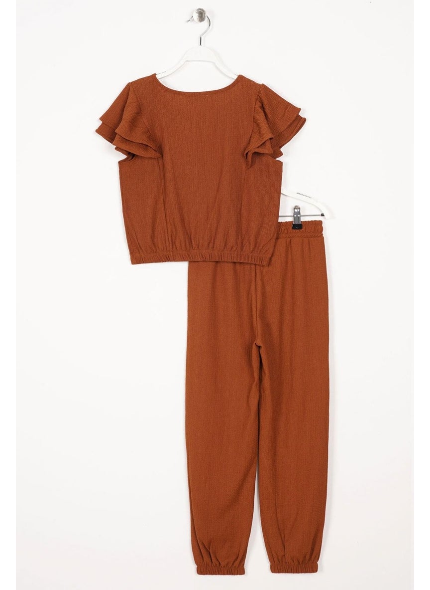 Crew Neck Ruffle Sleeve Frilled Sleeve Edges Elastic Waist Leg Brown Color Girl's Two Piece Set - pzsku/Z7B4A4360195AEC577C93Z/45/_/1741212743/748d04cb-a936-42b1-b285-88d93b18459d