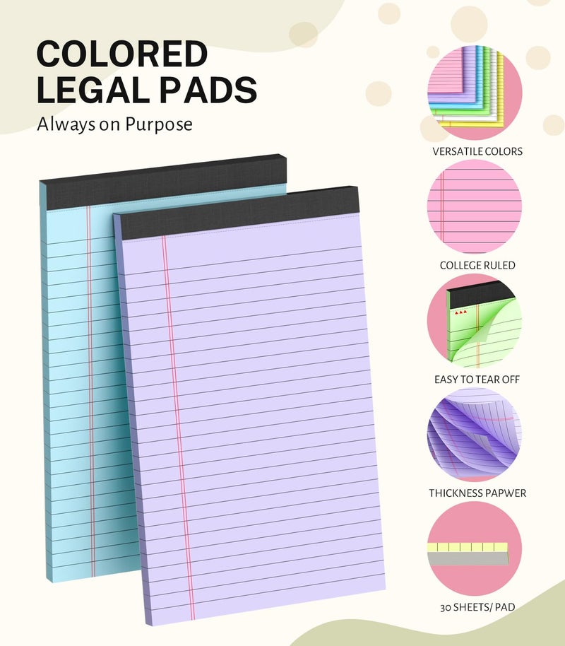 PINJINGPRO Note Pads 5x8, Narrow Ruled Legal Pad, Multicolor Small Notepads, 30 Sheet/notepad, 8 Pack Colored Legal Pads, Pink Legal Pad, Purple Notepad, Perforated Lined Note Pads for Study, Office, To-Do Lists - Image 3