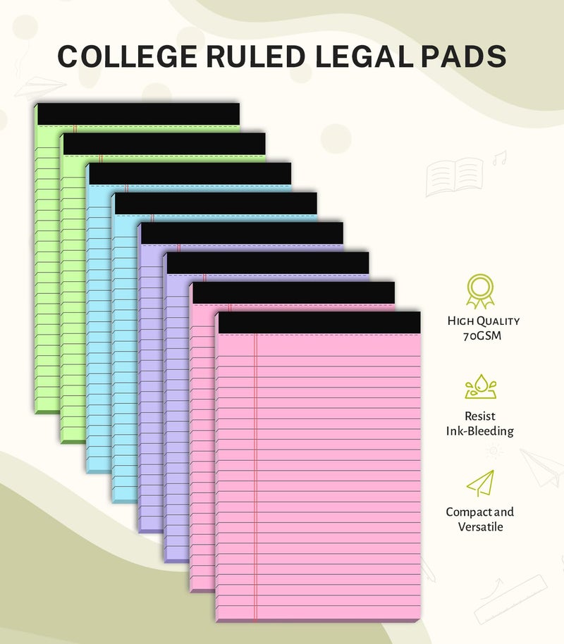 PINJINGPRO Note Pads 5x8, Narrow Ruled Legal Pad, Multicolor Small Notepads, 30 Sheet/notepad, 8 Pack Colored Legal Pads, Pink Legal Pad, Purple Notepad, Perforated Lined Note Pads for Study, Office, To-Do Lists - Image 2