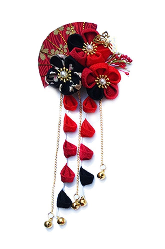 CRB Fashion Womens Japanese Kimono Flower Kanzashi Hair Ornament Tie Band Clip RedBlack