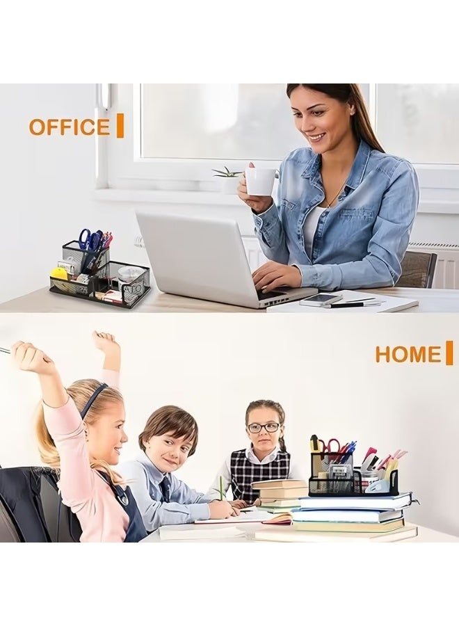 مجموعة حامل أقلام متعددة الوظائف من 3 قطع مصنوعة من شبكة معدنية سوداء - منظم مكتب دائري من الفولاذ للمكتب والمدرسة والمنزل - حامل أقلام رصاص ومقص وأدوات مكتبية - تصميم أسطواني متين من شبكة سلكية. - Image 5