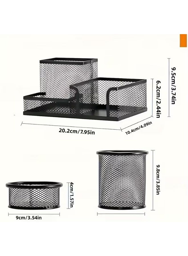 مجموعة حامل أقلام متعددة الوظائف من 3 قطع مصنوعة من شبكة معدنية سوداء - منظم مكتب دائري من الفولاذ للمكتب والمدرسة والمنزل - حامل أقلام رصاص ومقص وأدوات مكتبية - تصميم أسطواني متين من شبكة سلكية. - Image 2